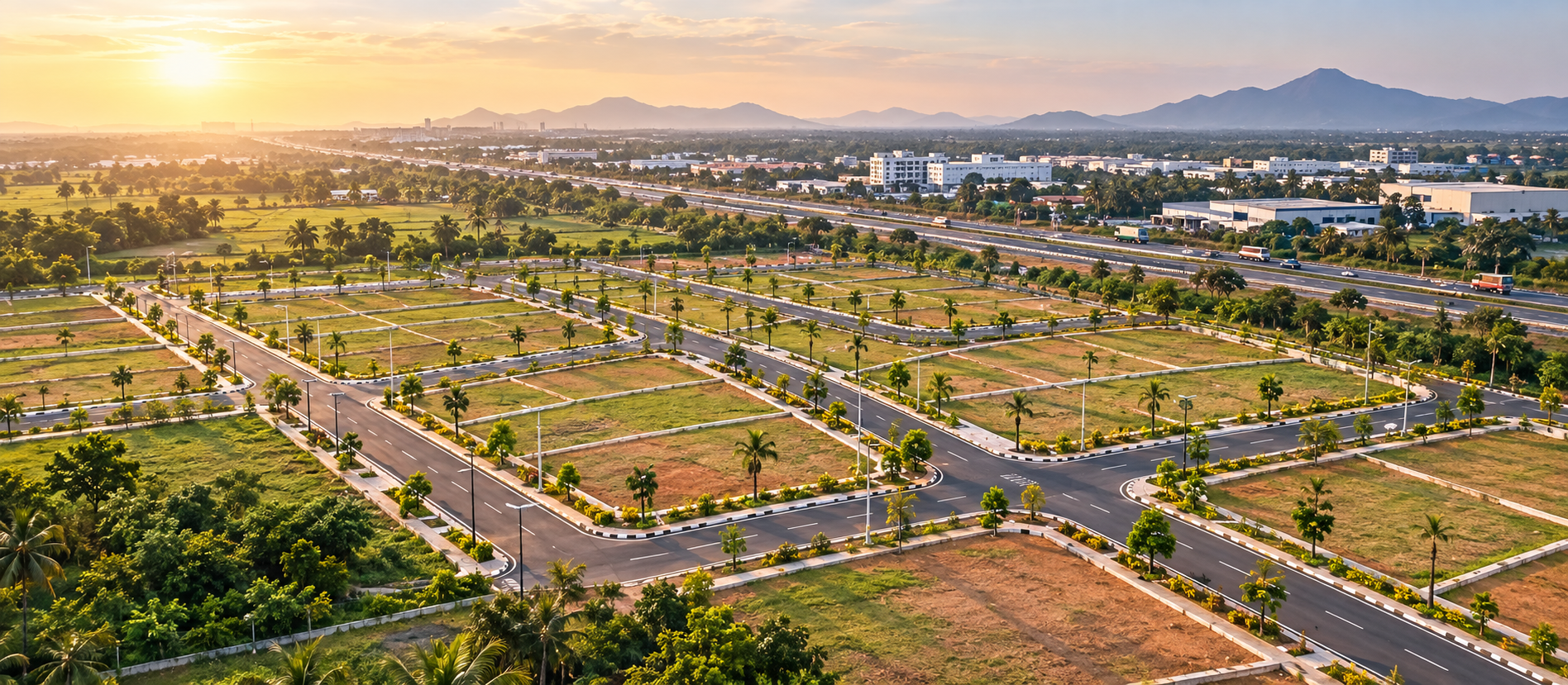 Aerial layout view of investment villa plots near NH-48
